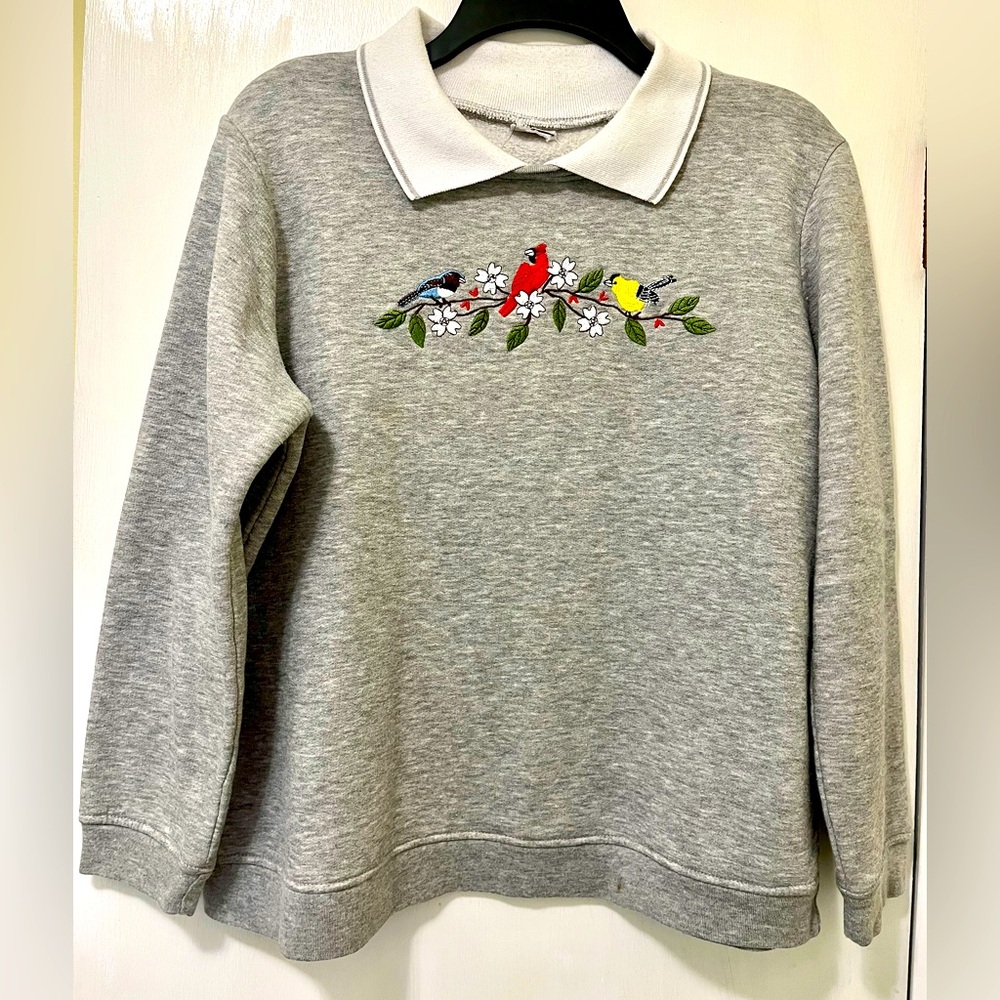 Vintage 90s Adrian Delafield Embroidered Sweatshirt Layered Collar Birds Size M
